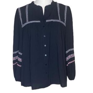 Grand & Greene Wm’s Sz Med Black Embroidered Bohemian Button Down Shirt Blouse